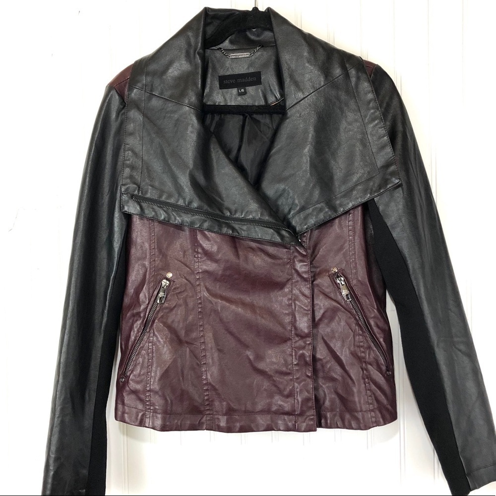 Steve Madden Burgundy asymmetrical faux leather jacket L